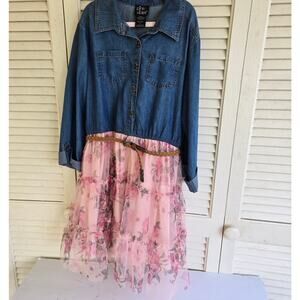 Pink & Violet Girls Dress Chambray Top Floral Tulle Skirt  Size 12 Knee Length